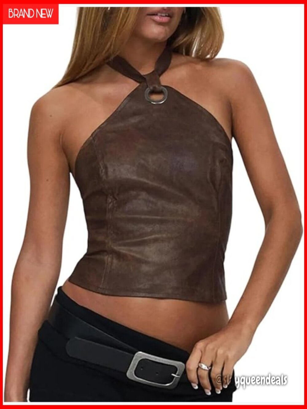 PU Leather Backless Halter Crop Top Y2K Clubwear Sleeveless Lace Up